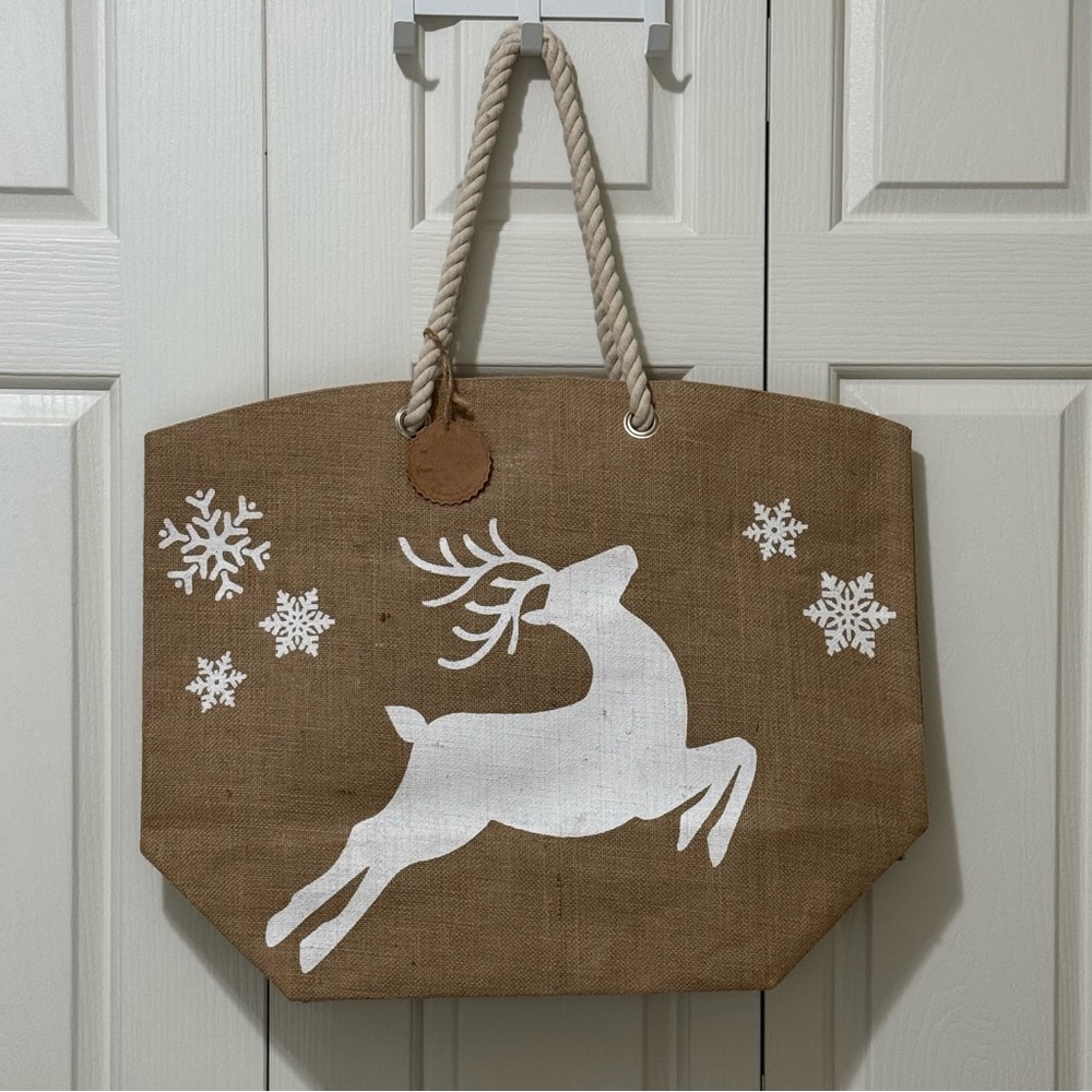 Handcrafted Reindeer Burlap Tote Large Holiday Gift Bag Rope Handles